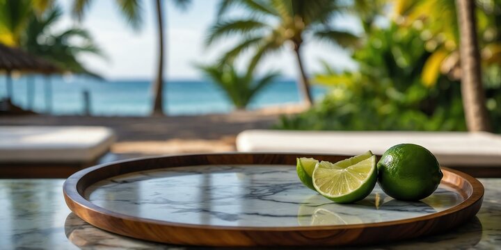 marble table with a wooden plate filled with fresh lim background