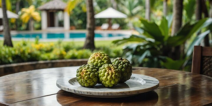 marble table with a wooden plate filled with fresh cus background