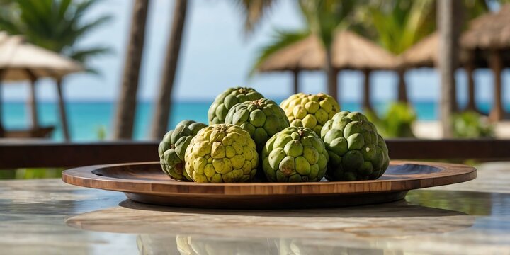 marble table with a wooden plate filled with fresh cus background