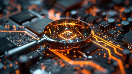 Fototapeta premium Close-up view of a magnifying glass inspecting an intricate electronic circuit board with glowing elements, symbolizing technological investigation and detailed examination
