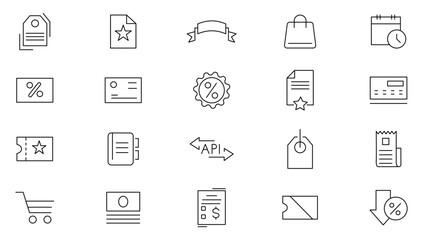 Discount line icons set. Shopping and E-commerce, discount, coupon, percent sign ribbon, offer, E-commerce outline icon collection. UI thin outline icons pack.