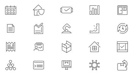 Supply chain line icon set. Logistic supply chain, value chain, delivery, manufacturing, e-commerce, distribution, warehouse, transportation, management, shipping icon collection.