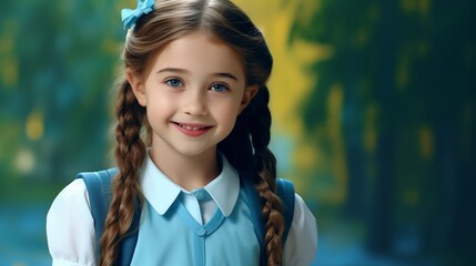 Fototapeta premium little girl smiling on a blue background, school, back to school, education
