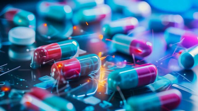 Pills and capsules with digital connections representing medical technology