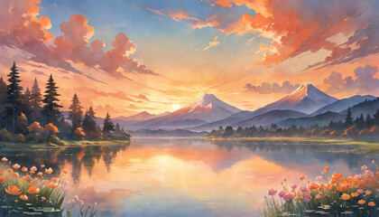 Sunset over Mount with flowers