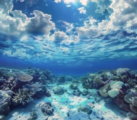 Fototapeta premium The underwater coral reef seabed with the horizon and water surface in the background