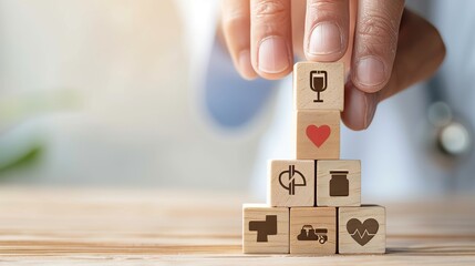 Healthcare medical icon on hand-held wooden block representing insurance for your health