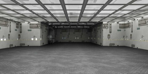Empty industrial hangar with grid ceiling 3d render illustration
