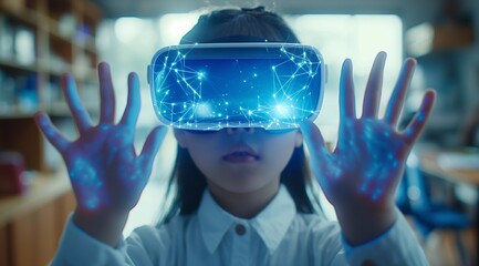 elementary school student with VR headset using AI artificial intelligence technology & machine learning. Interactive technology in classroom. Innovation & smart tech. AI blue hologram in education.