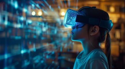 elementary school student with VR headset using AI artificial intelligence technology & machine learning. Interactive technology in classroom. Innovation & smart tech. AI blue hologram in education.