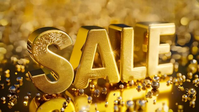 Animated bright luxury gold sale text on festive golden bokeh background with flying confetti, retail promotions, discount events and social media marketing Big sale offer