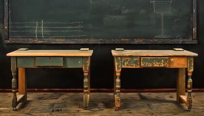 Nostalgic classroom with vintage desk, chalkboard, black background, realistic photo style.