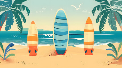 Flat vector illustration of surfing board on tropical sandy beach