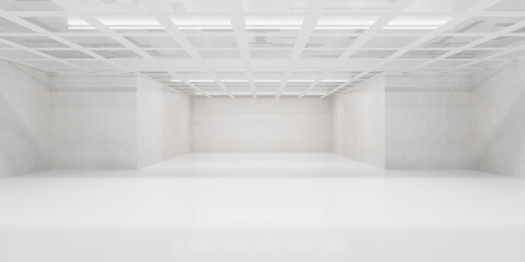 Empty white room with grid ceiling and recessed lighting 3d render illustration