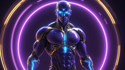 Golden Muscular purple Male AI Robot with Blue glowing neon light. AI generativ.
