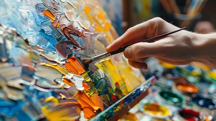 People expressing themselves doing art during an art therapy workshop, with paints, brushes, canvases. Therapeutic benefits of creativity and self-expression in mental health and emotional well-being