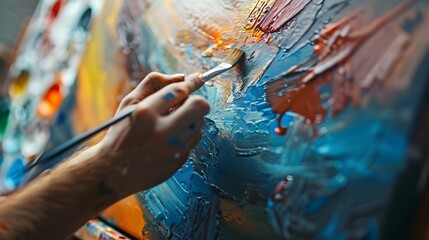 People expressing themselves doing art during an art therapy workshop, with paints, brushes, canvases. Therapeutic benefits of creativity and self-expression in mental health and emotional well-being