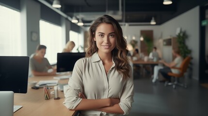 Photo of beautiful happy woman looking at camera while sitting at office