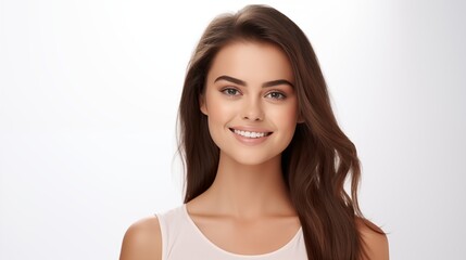 Portrait of a beautiful young woman smiling and looking at camera isolated on a white background