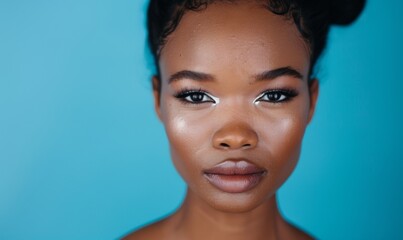 Beautiful Afro american woman with flawless skin. Skincare concept. Beautiful young black girl practicing skincare. smooth face touches her healthy facial skin. Copy space for text.