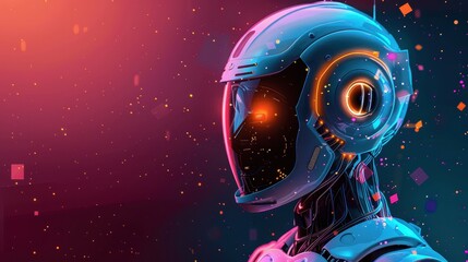 Futuristic AI Robot With Glowing Helmet in a Cybernetic Landscape. Generative AI