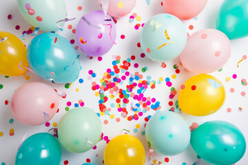 Party Background with Colorful Balloons and Confetti on White Background, Top View Flat Lay, Birthday or Anniversary Celebration Concept
