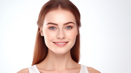 Portrait of young happy woman looks in camera. Skin care beauty, skincare cosmetics, dental concept isolated over white background.