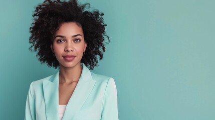 Fototapeta premium Elegant Businesswoman Portrait, Mint Green Background, Stylish Blazer, Confident Expression, Corporate Headshot, Professional Image, Studio Lighting, Copy Space