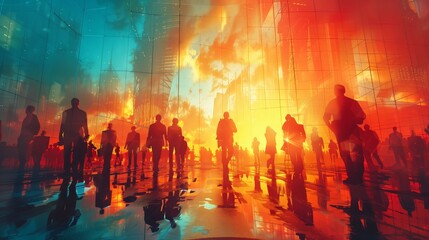 A vibrant double exposure illustration that merges the bustling energy of city life with the dynamic flow of people. Skyscrapers glowing with warm hues reflect off a glossy surface