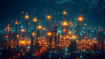 Fototapeta premium a futuristic city at night with illuminated buildings interconnected by glowing lines, symbolizing advanced urban construction and smart city technologies.