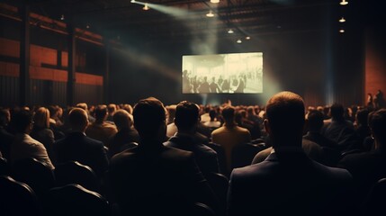 Rear view of people in audience at the conference hall, Speaker giving a talk in conference hall at business event.