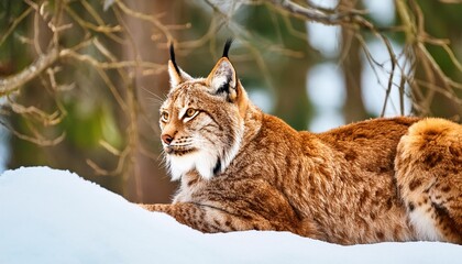 The medium sized Eurasian lynx (Lynx lynx) is native to Siberia, Central, East, and Southern Asia, North, Central and Eastern Europe. Resting in winter landscape in natural forest habitat