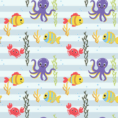 Seamless pattern with cute marine animals. Cartoon sea ornament. Colorful background with ocean underwater characters.