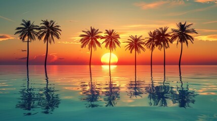 Fototapeta premium A beautiful sunset over the ocean with palm trees in the background. Generate AI image