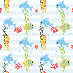 Seamless pattern with octopus, fish, crab. Cute marine animals. Cartoon sea. Colorful background with underwater characters.