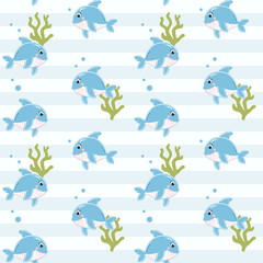 Seamless pattern with baby dolphin. Cute marine animals. Colorful background with underwater characters.