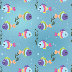Seamless pattern with fish. Cute marine animals. Colorful background with underwater characters.