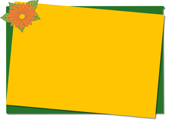 Foglio verde e foglio giallo bloccato da calamita fiore gerbera arancione con foglie - appunti d’ufficio - slide - presentazione - ideale per sublimazione, presentazione , adesivo, promemoria	