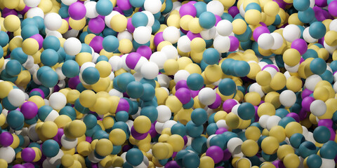 Colorful spheres abstract background with teal, purple, yellow, and white colors 3d render illustration