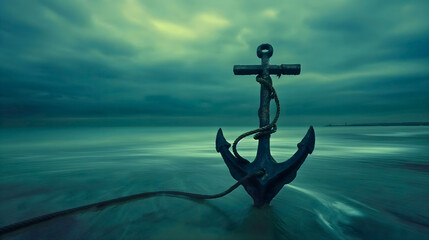 A marine anchor made of pure steel, standing on the beach.