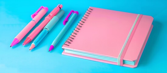 Photo of a pink notebook, pens, and office supplies on a blue backdrop, ideal for copy text web banner.