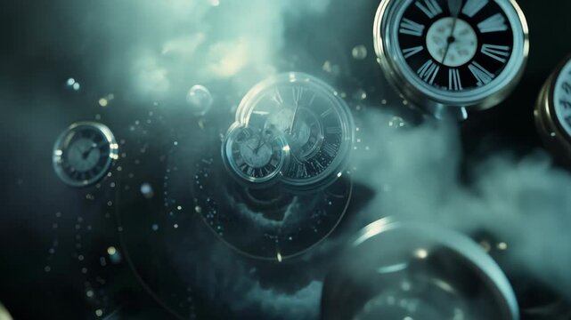 Vintage pocket watches floating in ethereal space