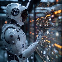 Fototapeta premium futuristic robot viewing charts on virtual screen, technological concept, AI illustration