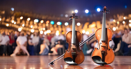 Fototapeta premium Violines en un escenario de un teatro con público