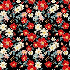 Delicate Vintage Floral Pattern with Red and Blue Flowers