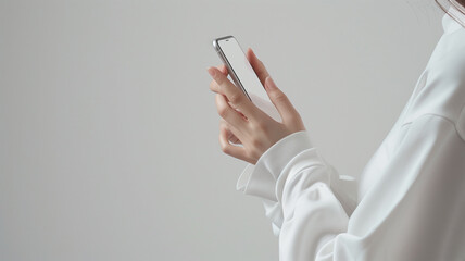 白いスマホを操作する手元のクローズアップ