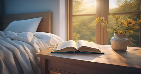 Biblia sobre una mesa de noche en la mañana