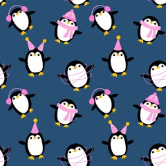Cartoon festive animals seamless birthday decor and penguin pattern
