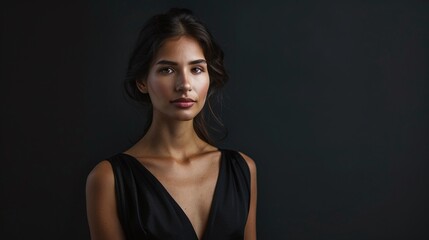 Fototapeta premium Elegant Woman in Black Dress, Professional Portrait, Dark Background, Formal Attire, Minimalist Style, Serene Expression