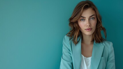 Fototapeta premium Calm Woman in Teal Blazer, Stylish Portrait, Minimalist Background, Office Attire, Neutral Expression, Contemporary Look